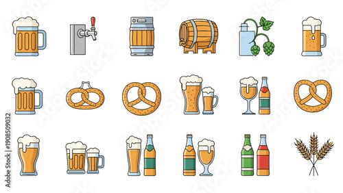 Extensive collection of beer-related items, including mugs, glasses, bottles, barrels, pretzels, and hops, for brewing and enjoyment.