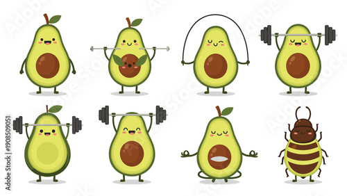Humorous set of cartoon avocados engaged in various fitness activities like lifting weights, jumping rope, and meditating.