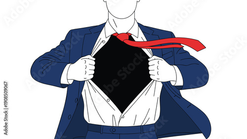 Faceless businessman in a suit ripping open his shirt, revealing a black void, symbolizing hidden power or potential.