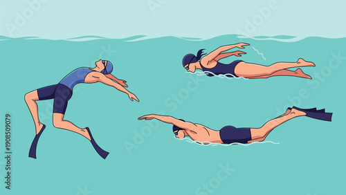 Three individuals demonstrating different swimming styles and diving techniques, highlighting aquatic sports and fitness in a pool.