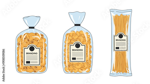 Three clear plastic bags of pasta, including macaroni and spaghetti, with branding labels, ready for supermarket shelves.