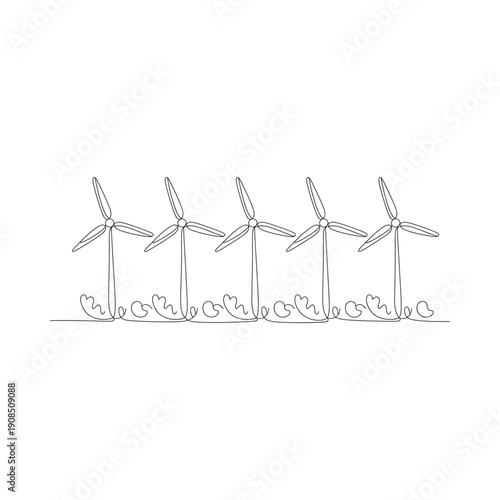 A simple line drawing depicts a row of wind turbines in a field