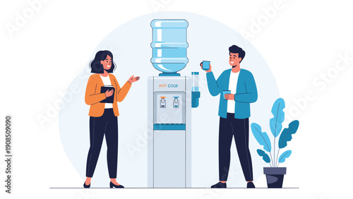 Colleagues engage in a friendly conversation by the office water cooler, enjoying drinks and a casual break during their workday.