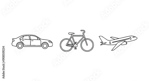 Line art illustrations of various modes of transport including a car, a bicycle, and an airplane on a white background.