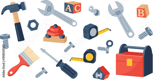 Handyman Tools and Equipment Set with Hammer, Wrench, Screwdriver, Toolbox, Screws, Measuring Tape, and Repair Items Cartoon Vector Illustration