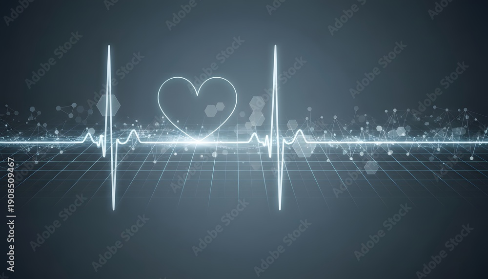 Fototapeta premium Abstract medical technology illustration featuring an ECG monitor pulse line forming a heart shape on a digital cardiogram screen for healthcare and cardiology business