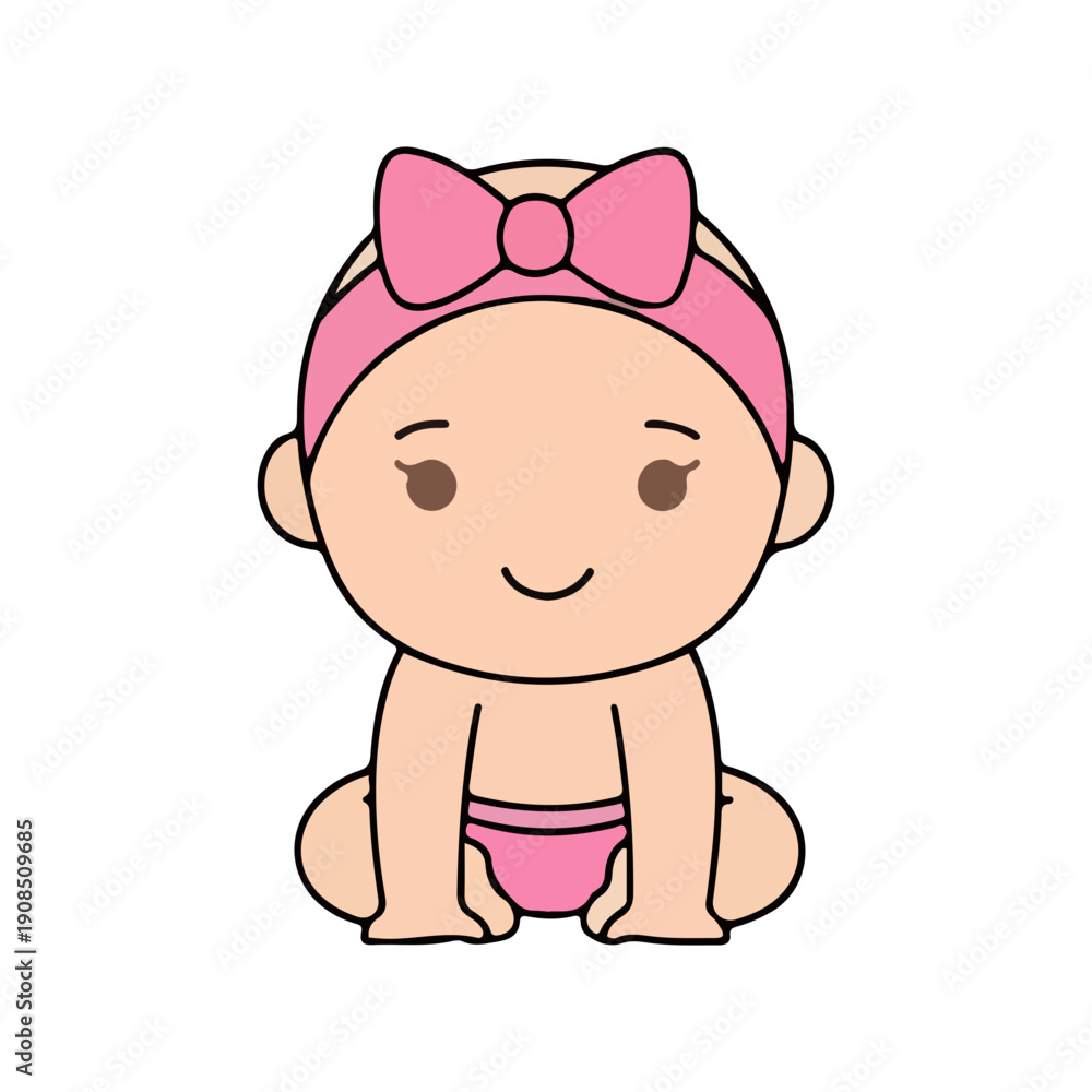 Obraz premium Cute Sitting Baby Girl Vector Illustration Pink Bow Diaper