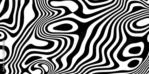 abstract black and white wavy stripe pattern inspired by zebra lines and psychedelic op art.