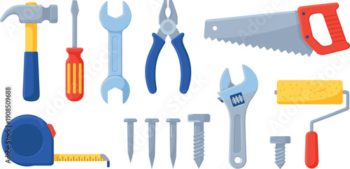 Handyman Tool Set with Hammer, Screwdriver, Wrench, Pliers, Saw, Screws, Measuring Tape, and Paint Roller Home Repair Vector Illustration