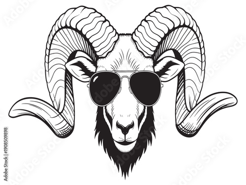 A ram wearing sunglasses with a cool and quirky expression