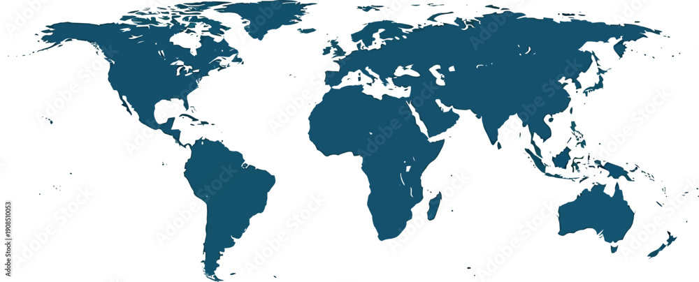 Obraz premium Solid dark blue world map graphic representing global connectivity and geographical information display on a white background.