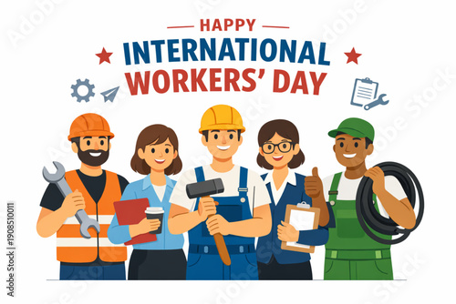 International Workers’ Day Manual and Office Teamwork in Flat Vector Illustration