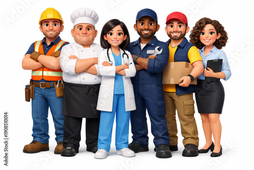 Diverse Workers Standing Confidently Together in Soft 3D Character Render