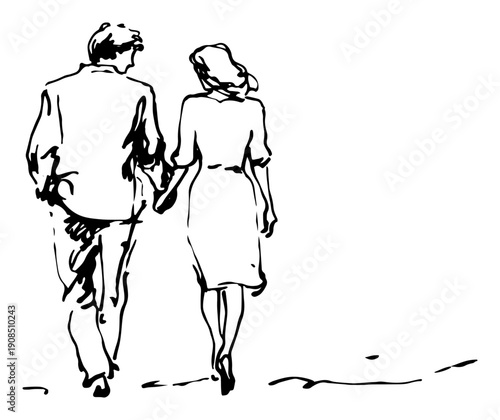Romantic Couple Walking Together Hand Drawn Love Sketch Vector Illustration