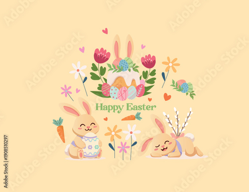 Easter Bunny and Kulich Collection with Eggs and Spring Elements – Vector Set