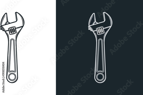 Adjustable Wrench Tool Illustration on White and Dark Backgrounds.
