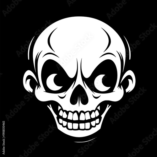 Playful skull face with large round eyes and toothy grin, swirling ornamental accents surrounds the head, black and white graphic