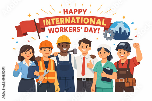 International Workers’ Day Manual and Office Teamwork in Flat Vector Illustration