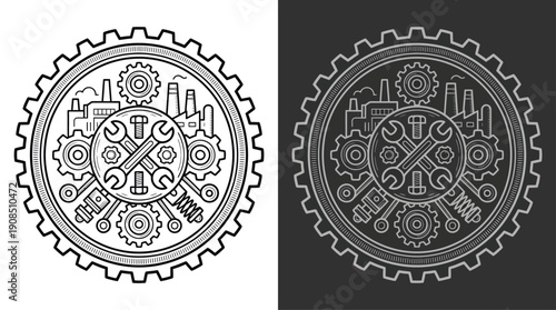 Industrial gear emblem with tools and machinery elements.