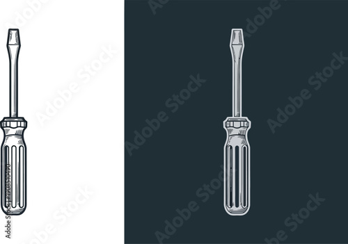 Detailed illustration of a screwdriver on contrasting backgrounds.