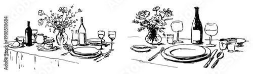 Wedding Reception Table Setting With Flowers And Wine Hand Drawn Sketch Vector Illustration