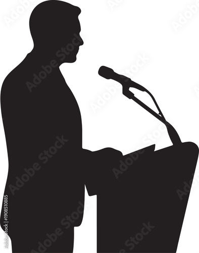 Man speaking at podium silhouette illustration.