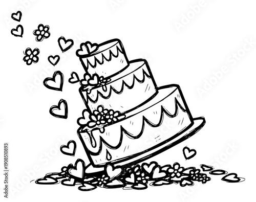 Tiered wedding cake spilling hearts and flowers sketch vector illustration