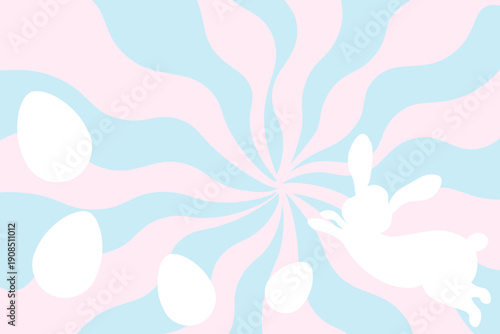 Dynamic vector background with pink and blue swirling waves, featuring silhouettes of a rabbit and eggs for an Easter egg hunt. Minimalist holiday design for cards and banners.