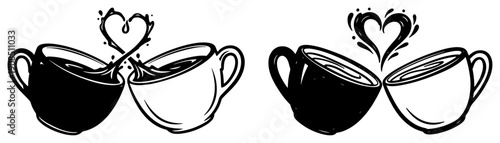 Romantic coffee cups clinking with heart shaped splash sketch vector illustration