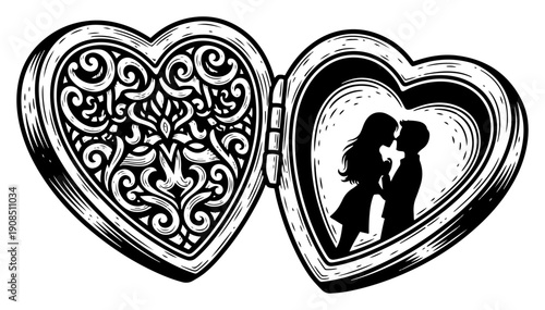 Vintage heart locket open with ornamental filigree and kissing couple silhouette vector illustration
