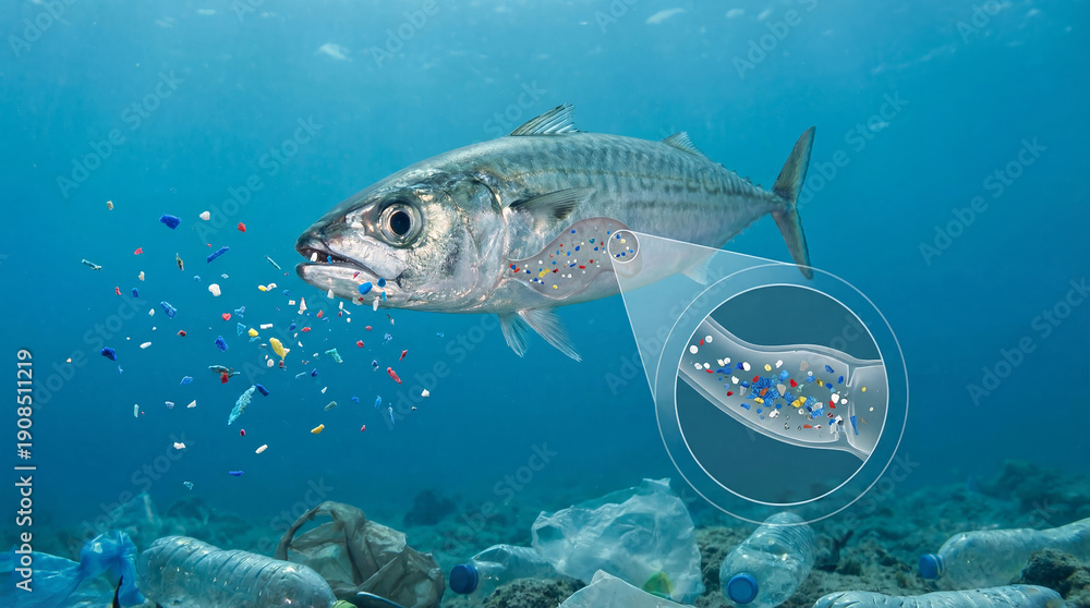 Fototapeta premium Fish Contaminated by Microplastics in Polluted Water