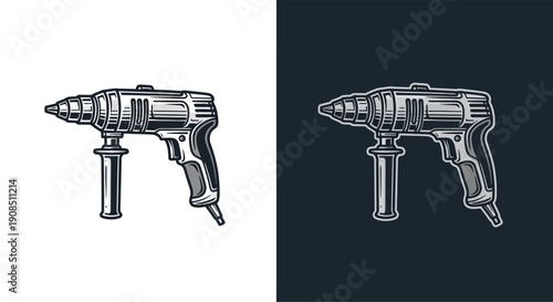 Detailed illustration of a cordless drill on contrasting backgrounds.