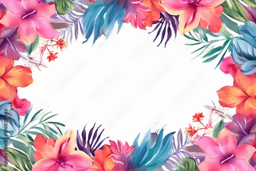 Fototapeta premium Vibrant watercolor flowers and palm leaves forming an elegant frame around a white background