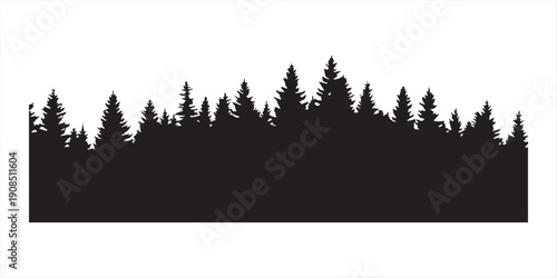 Black spruce pine forest silhouette border with evergreen trees set isolated on white background for nature landscape and winter vector