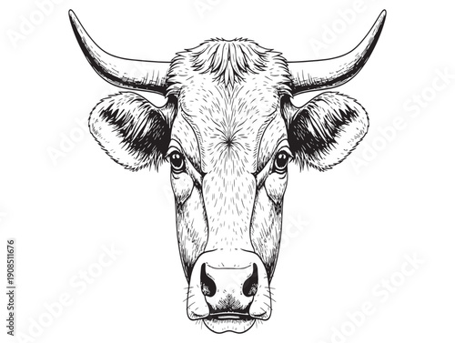 A black and white illustration of a bull's head with large horns and ears