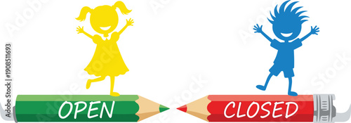 Educational vector illustration of a yellow girl silhouette and blue boy silhouette standing on green and red pencils depicting open and closed opposite concepts.