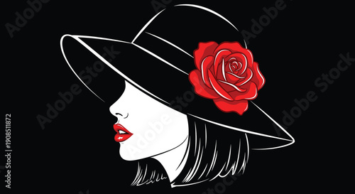 Elegant woman profile illustration wearing a stylish black wide brim hat decorated with a large red rose flower isolated on a black background