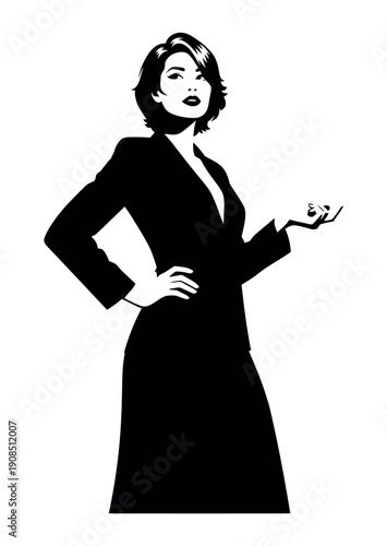 Confident businesswoman in black suit gesturing.