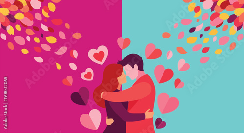 Loving couple embracing surrounded by hearts and falling petals