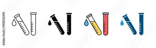 Medical lab test tube and scientific research icon vector. Laboratory glassware with liquid drop and chemical analysis symbol set. Vector illustration.