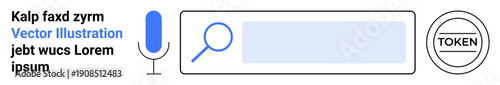 User interface design, voice search, digital authentication, token systems, online interactions, virtual assistants. Microphone, search bar and token icon . Voice search and digital authentication