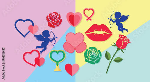 Vibrant Valentine's Day symbols and icons in colorful background
