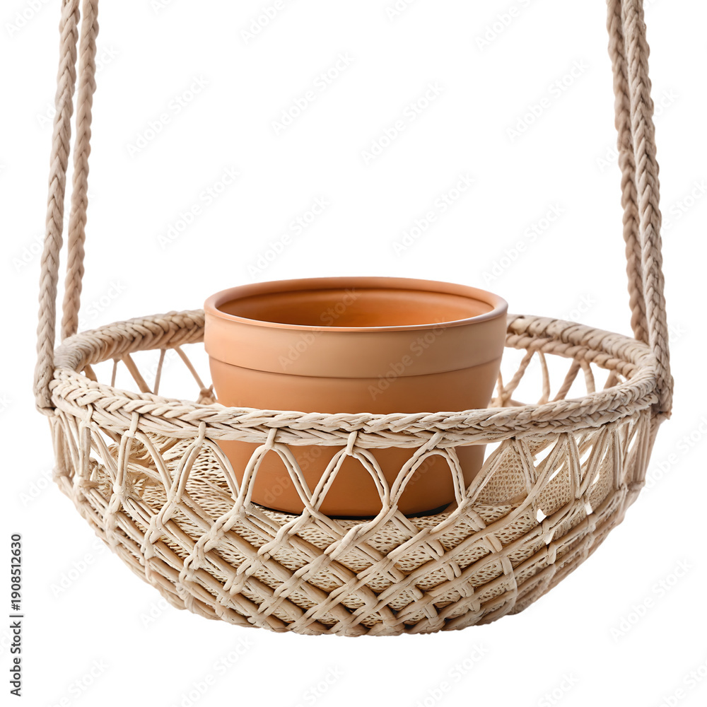 Fototapeta premium A hanging woven basket with a small terracotta pot inside