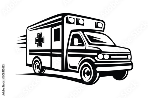 Monochrome Ambulance Car Icon with Siren, Emergency Transport Vehicle, Illustration, Isolated