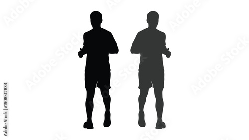 Two silhouetted figures of men standing facing forward on a white background