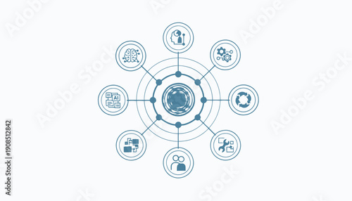 Centralized Network System with Various Icons and Connections.