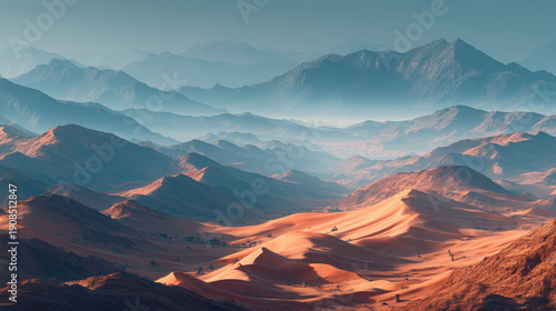 Majestic mountain landscape featuring rugged peaks, serene valleys, vibrant sunset hues, panoramic view, and natural beauty in outdoor wilderness