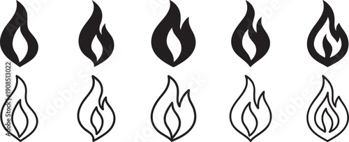 Fire icon collection in bold silhouette and outline style.