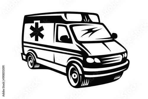 Black and White Ambulance Vehicle Design, Emergency, First Aid Transport Outline Icon