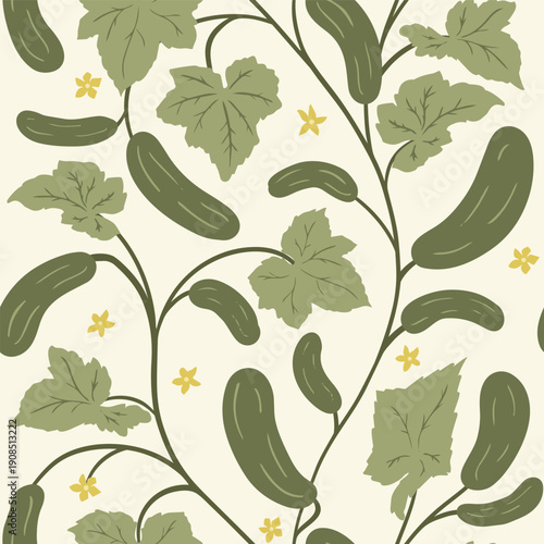 Hand Drawn Cucumber on the vine Seamless Vector Pattern textile fabric print cartoon vegetable
